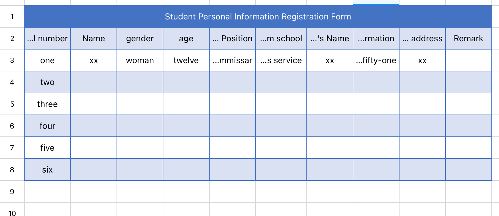 Student Personal Information Registration Form